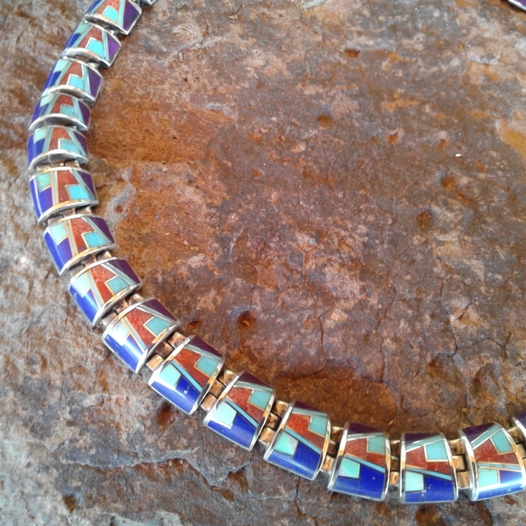 Sterling Silver multi inlay choker necklace set - Picture 12 of 16